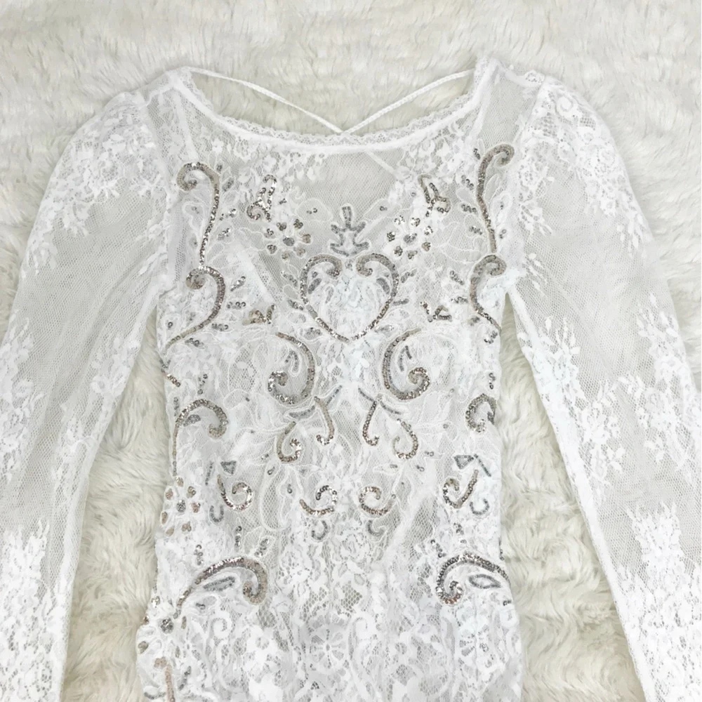 FREE PEOPLE Sheer White Lace Sequin Beaded Bodysuit XS Embroidered Boho Festival